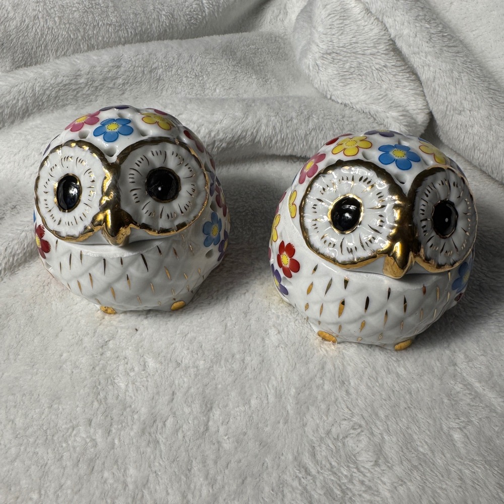 Pair Ceramic Owl Luminary Candle Holders Floral Gold Accent Lidded Decor